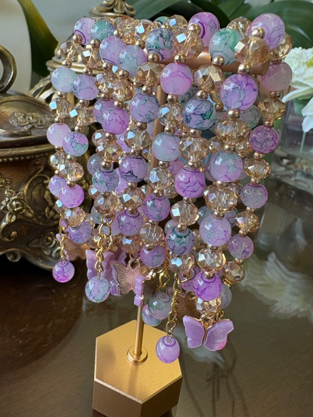 New Glass Bead Bracelets with Pearlized Butterflies in Multicolor $6 each - Picture 2 of 7